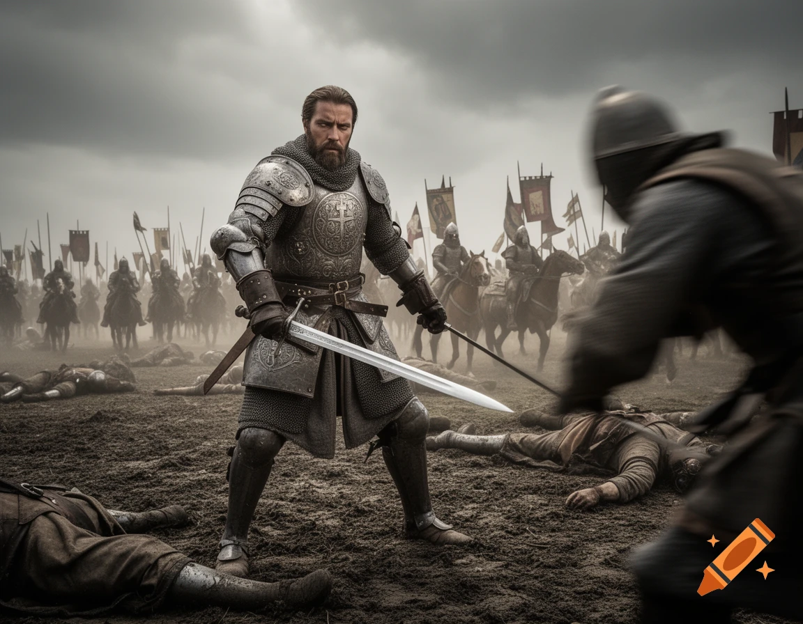 A stoic medieval knight in ornate armor holds a sword on a muddy battlefield, surrounded by fallen bodies and an army of mounted knights in the hazy background.