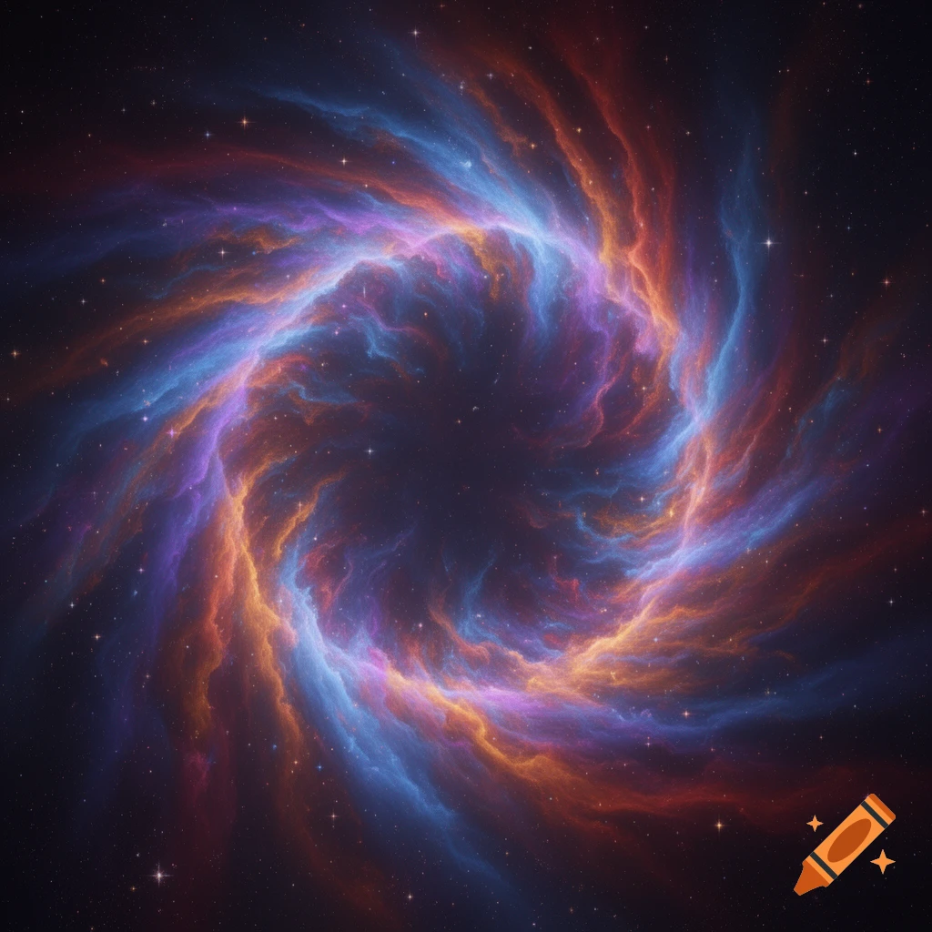 A vibrant, swirling nebula of blue, purple, orange, and red gas and stars in deep space.