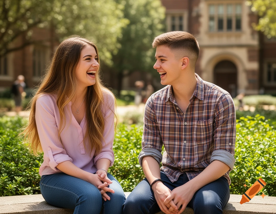 Two smiling young adults sit outdoors, looking at each other and laughing, in a campus setting.
