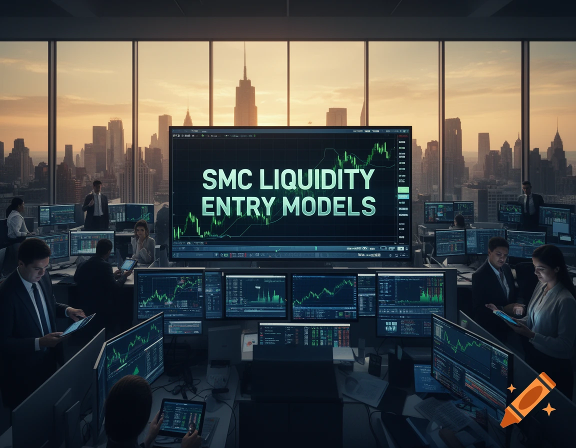 People in a modern office looking at multiple computer screens displaying financial charts, with 'SMC LIQUIDITY ENTRY MODELS' on a large central screen overlooking a cityscape.