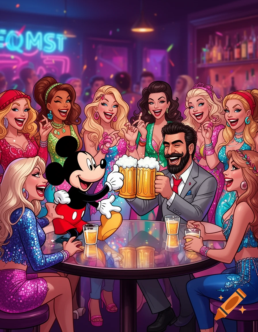 Mickey Mouse and a man drink beer with smiling women in a vibrant, sparkly cartoon bar party.