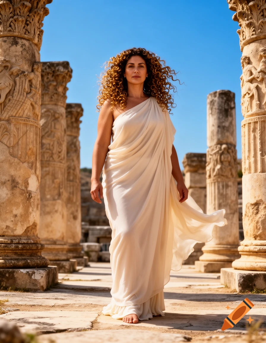 A woman with curly hair in a white Greek robe stands among ancient stone ruins and columns under a clear blue sky.