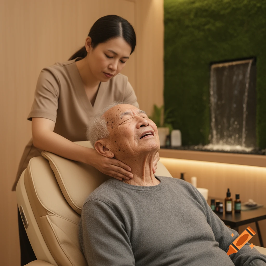An elderly man with eyes closed receives a neck massage from a female therapist in a tranquil spa with a moss wall and waterfall.