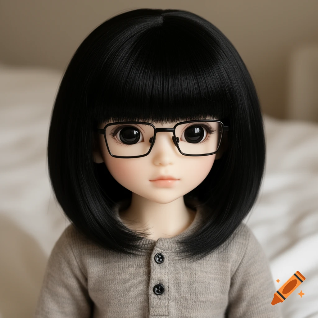 A close-up of a Blythe doll with black bob hair and bangs, wearing square-frame glasses and a grey henley shirt.