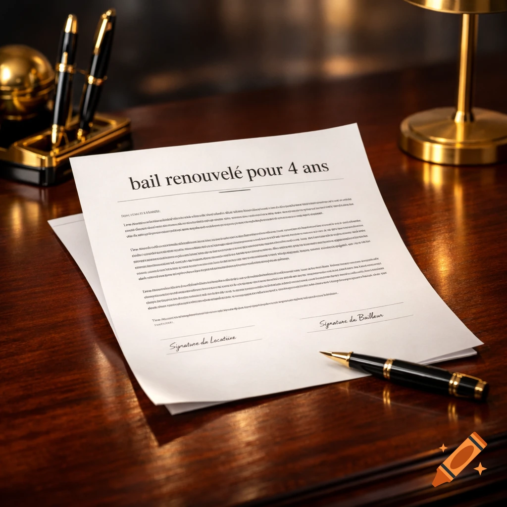 A close-up, photorealistic 3D image of a legal document titled 'bail renouvelé pour 4 ans' on a wooden desk with a pen and golden office accessories.