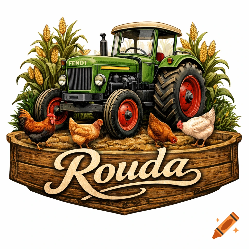 Green Fendt tractor with red wheels, chickens, and corn stalks on a wooden base with 'Rouda' in script, in a logo style.