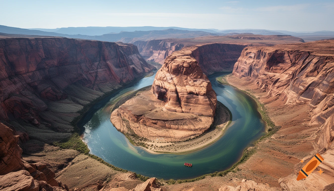 An aerial view of a wide, winding river carving a horseshoe bend through a deep desert canyon with steep, reddish-brown cliffs under a clear sky, a small raft in the water.