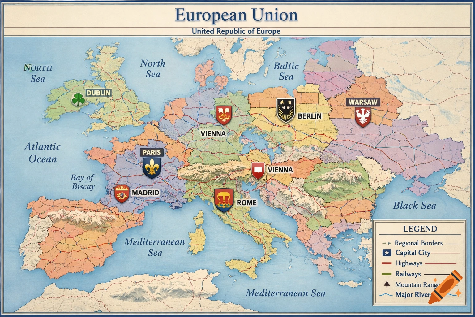 A detailed fictional political map of a unified European Union, showing internal administrative regions instead of countries, with major cities labeled as capitals.