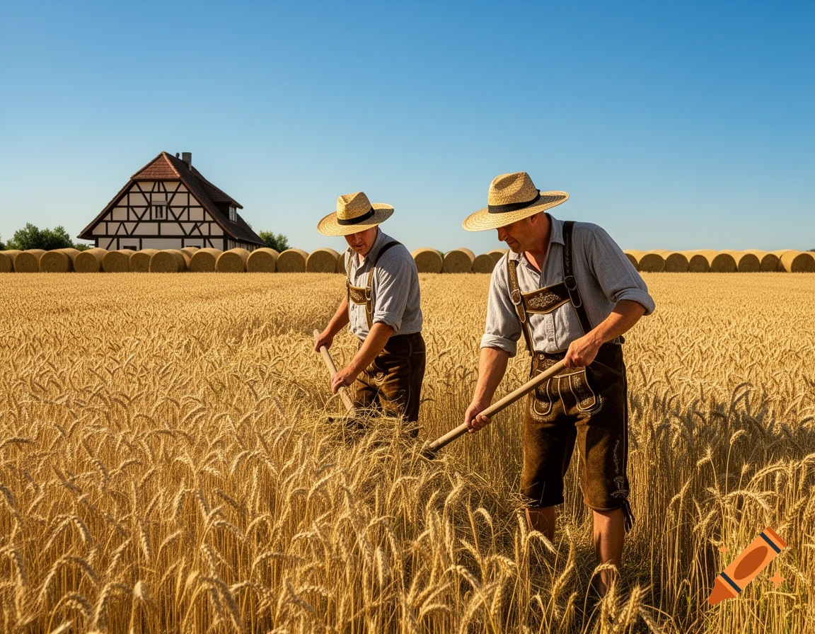 Two farmers in traditional attire harvest golden wheat in a field under a clear blue sky, with a house and hay bales.