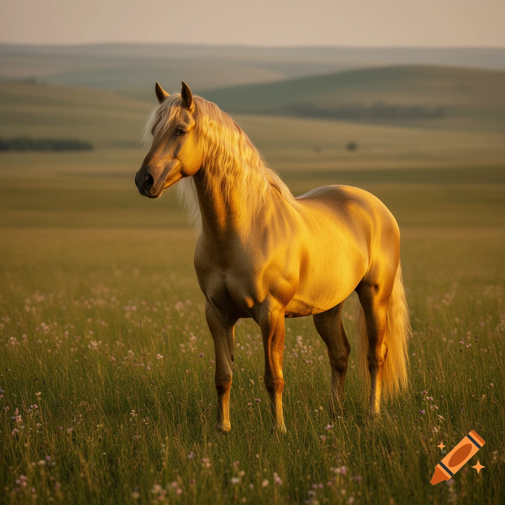 A beautiful golden palomino horse stands in a grassy field with small purple flowers, bathed in the warm light of sunset.