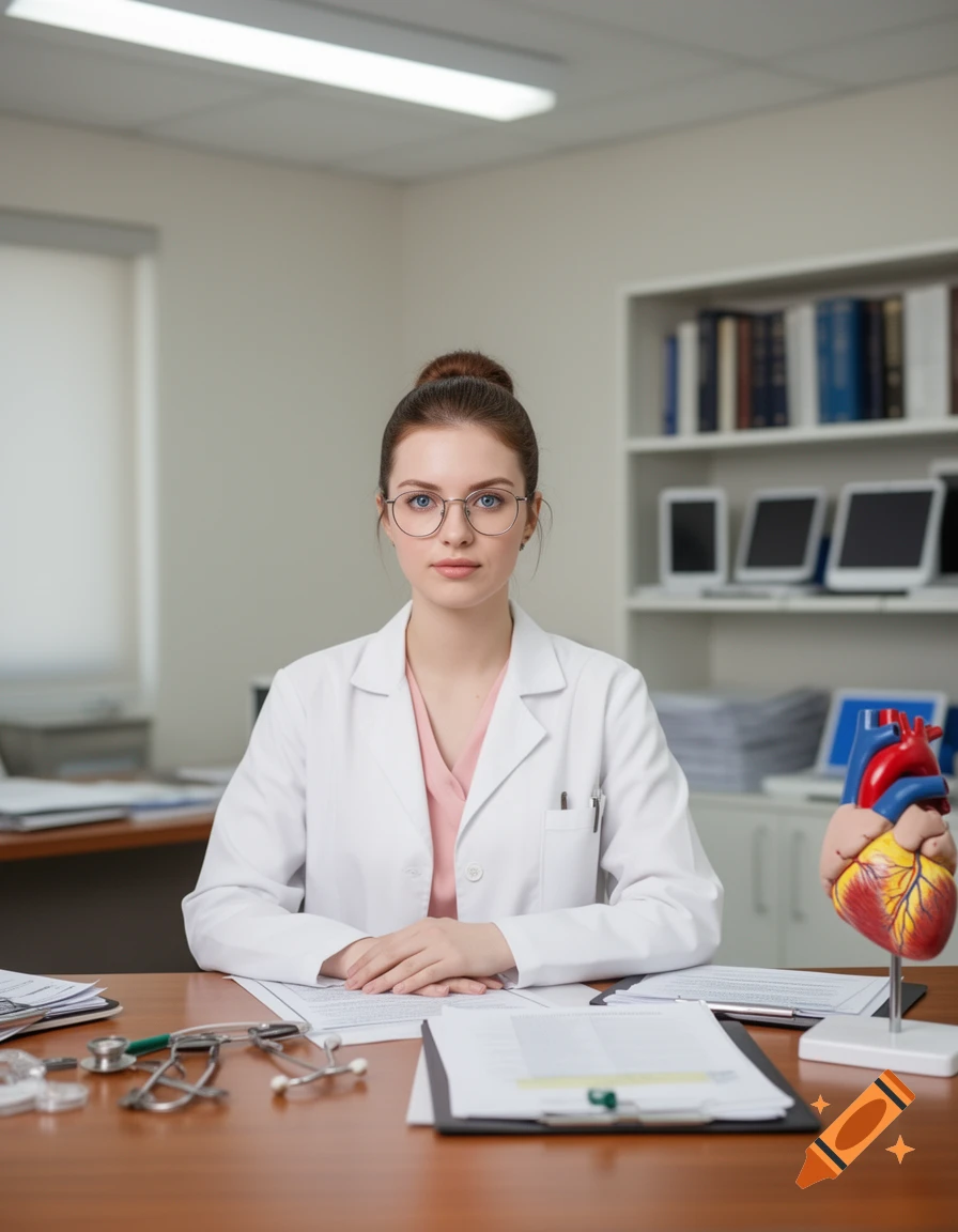 A young female doctor with glasses and a lab coat sits at a desk with a stethoscope and a human heart model.