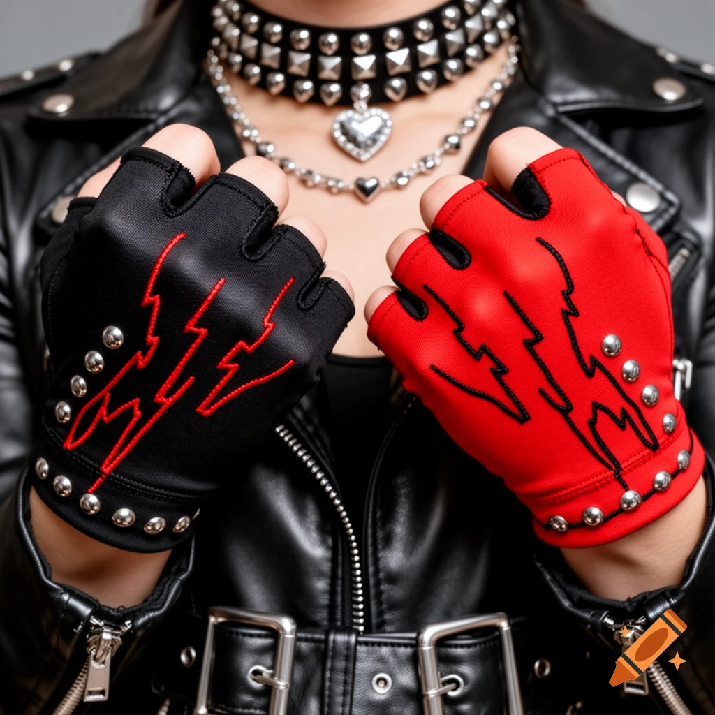 Close-up of a person wearing a black leather jacket and studded choker, with mismatched fingerless gloves: black on left, red on right, both with lightning bolt stitching.