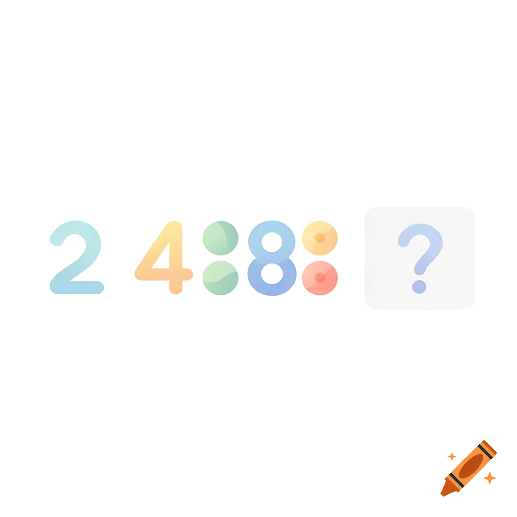 A minimalist logic puzzle showing a numerical sequence with colorful numbers 2, 4, and 8, followed by a question mark, on a white background in flat design style.