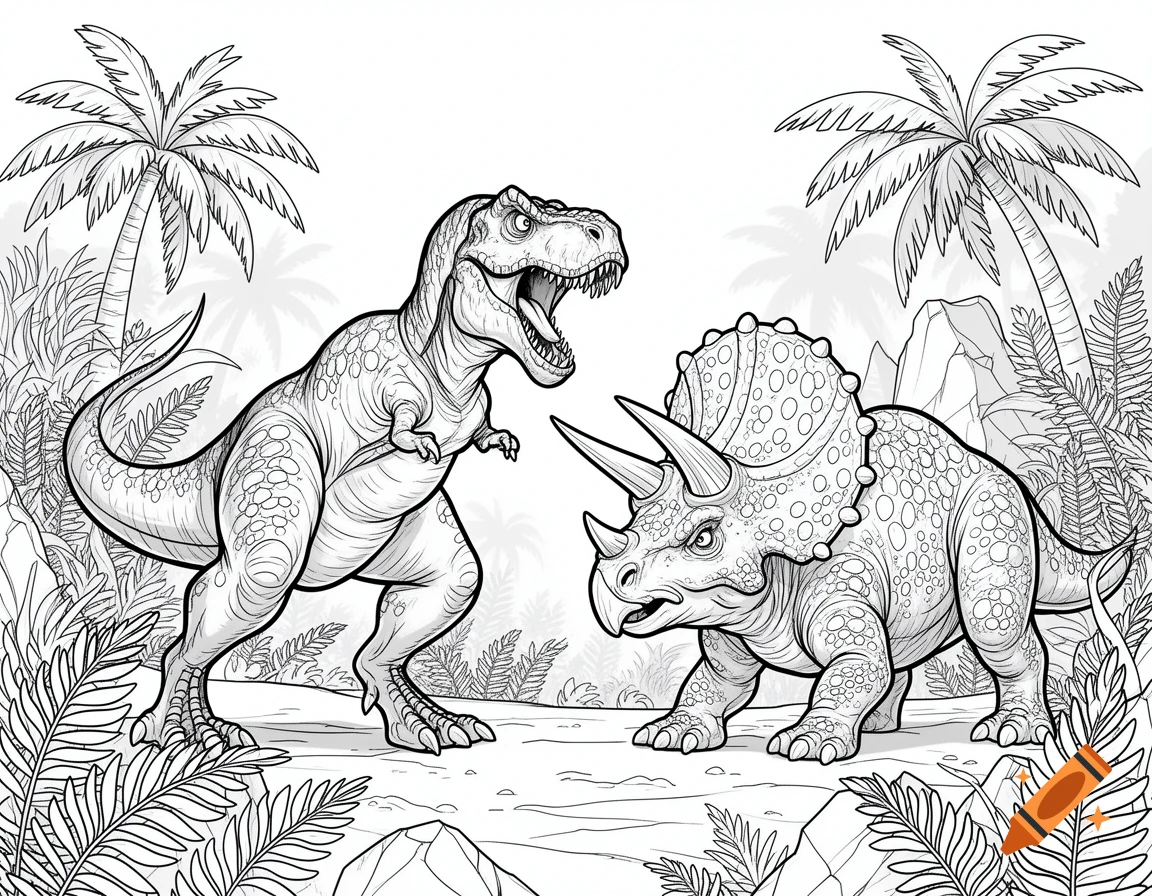 Black and white line art coloring page showing a T-rex roaring at a Triceratops in a jungle setting.