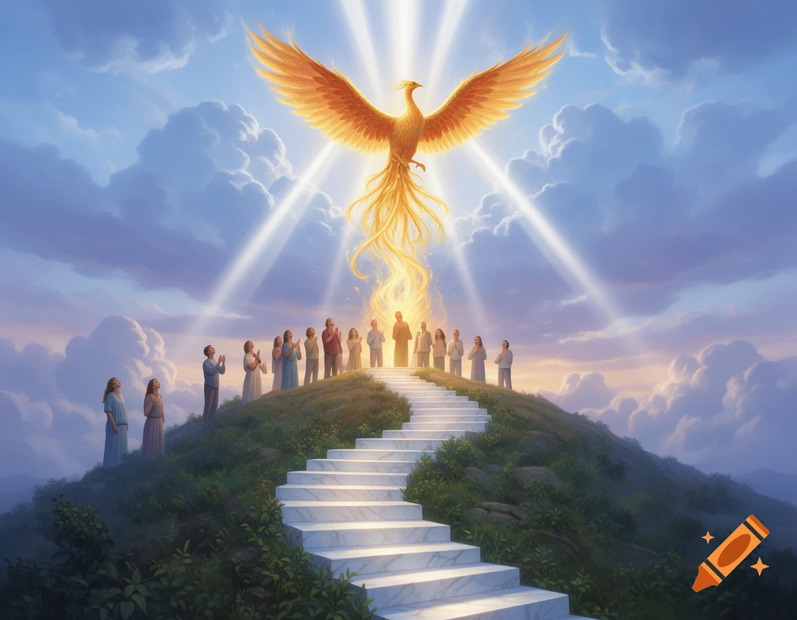 A majestic golden phoenix with fiery tails ascends from a light source above a hill where people stand on a white staircase, looking upwards.