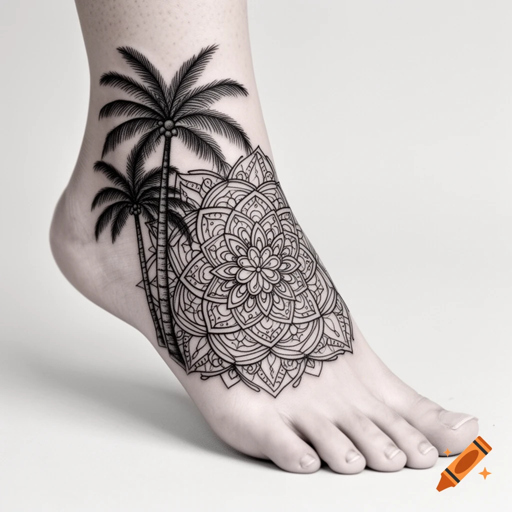 A foot with a detailed fine-line tattoo featuring a large mandala pattern and two palm trees.