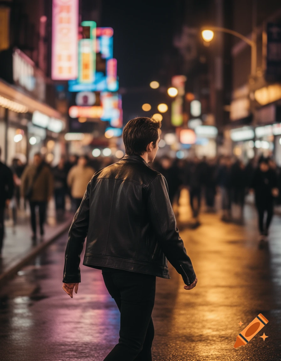A person in a leather jacket walks on a wet city street at night ...