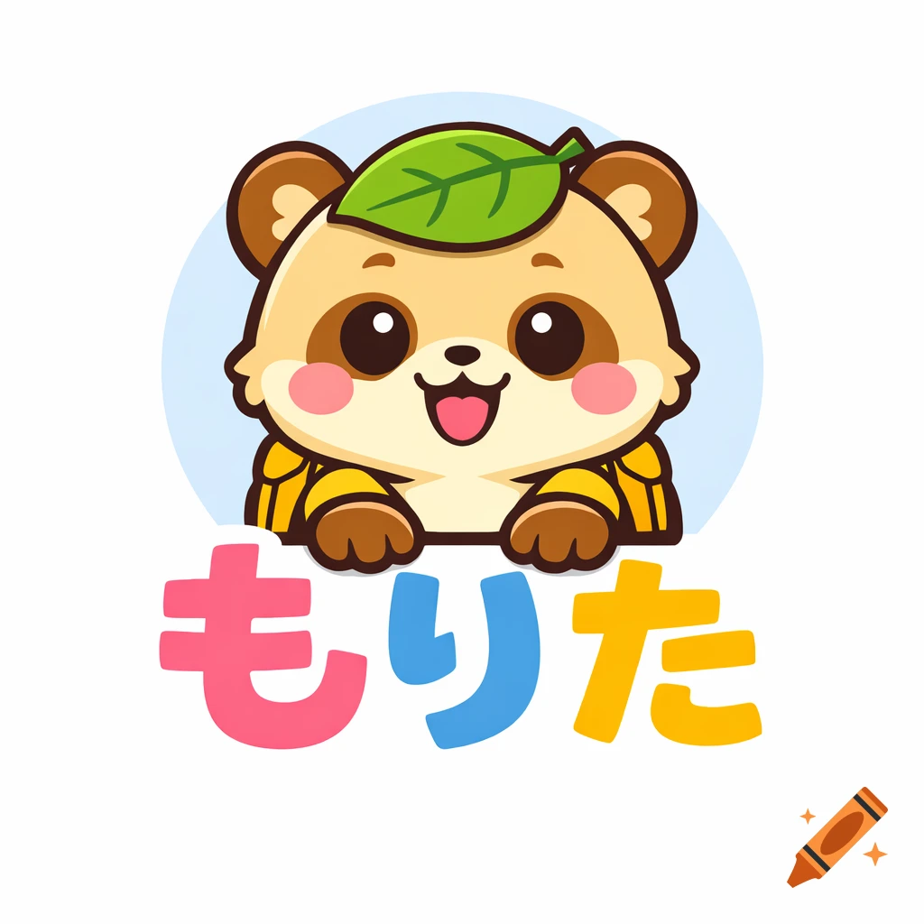 A cute, smiling cartoon panda character with a green leaf on its head, peeking from behind a light blue circle, with colorful Japanese text 'もりた' below it.