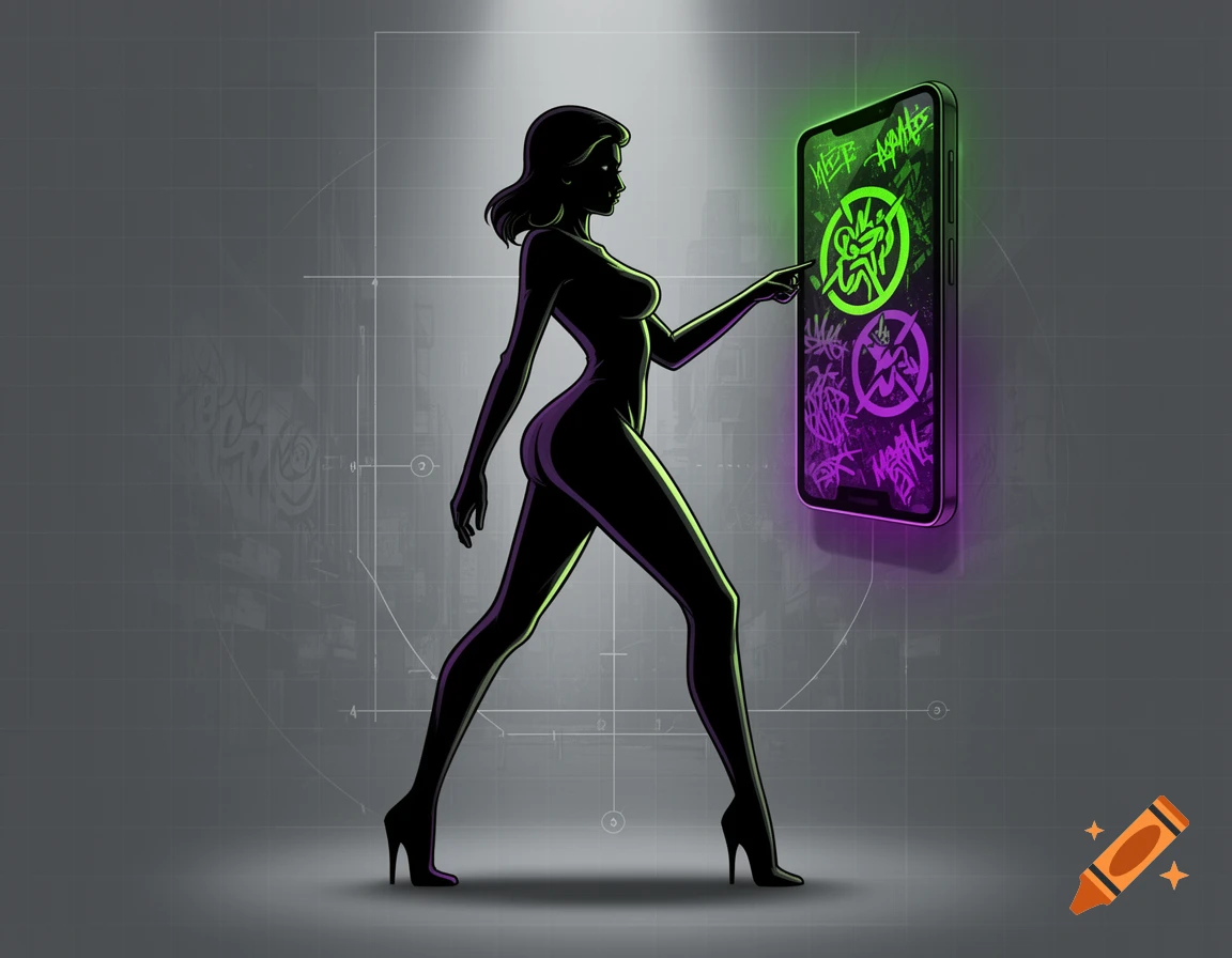 A stylized, dark silhouette of a woman in high heels points at a glowing smartphone screen displaying graffiti-like symbols.