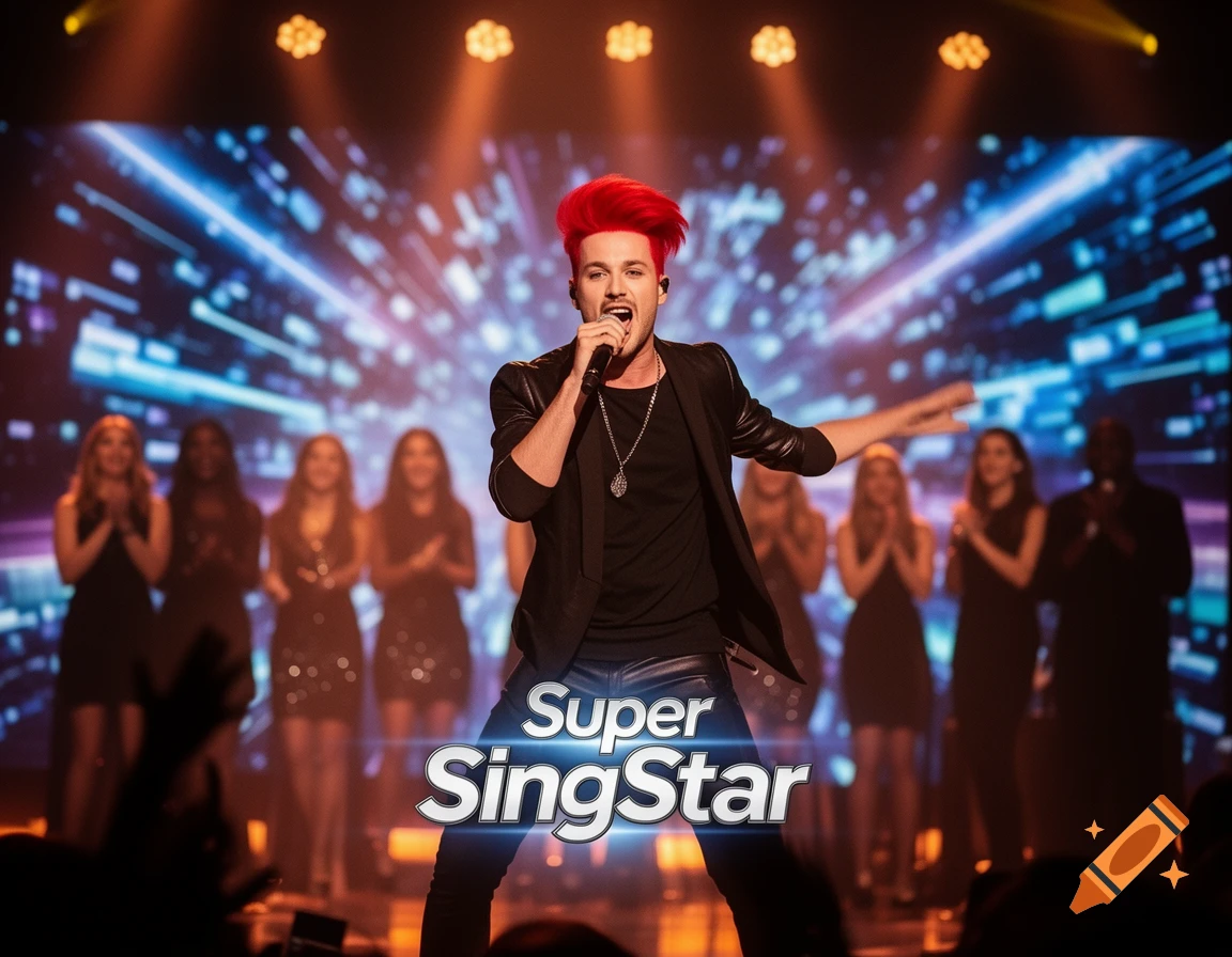 A male singer with bright red hair performs on a stage with a microphone, surrounded by backup singers and bright stage lights, with "Super SingStar" text.