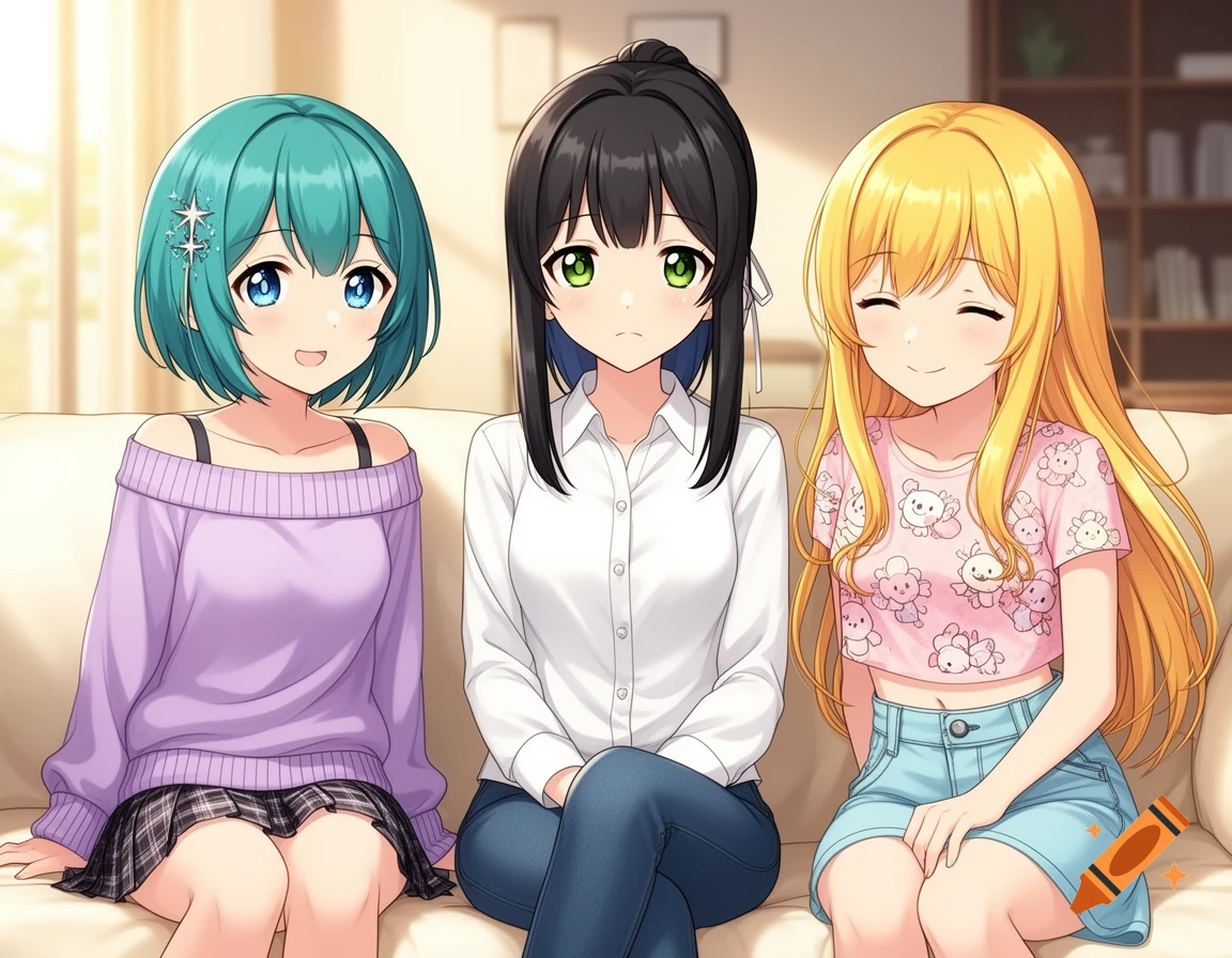 Three anime girls with varying hair colors sit on a light-colored couch, smiling.