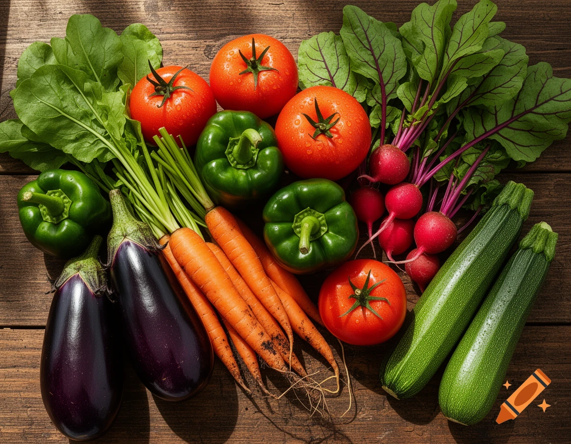 A vibrant, top-down view of fresh vegetables: tomatoes, bell peppers, eggplants, carrots, radishes, zucchini, and leafy greens on wood.