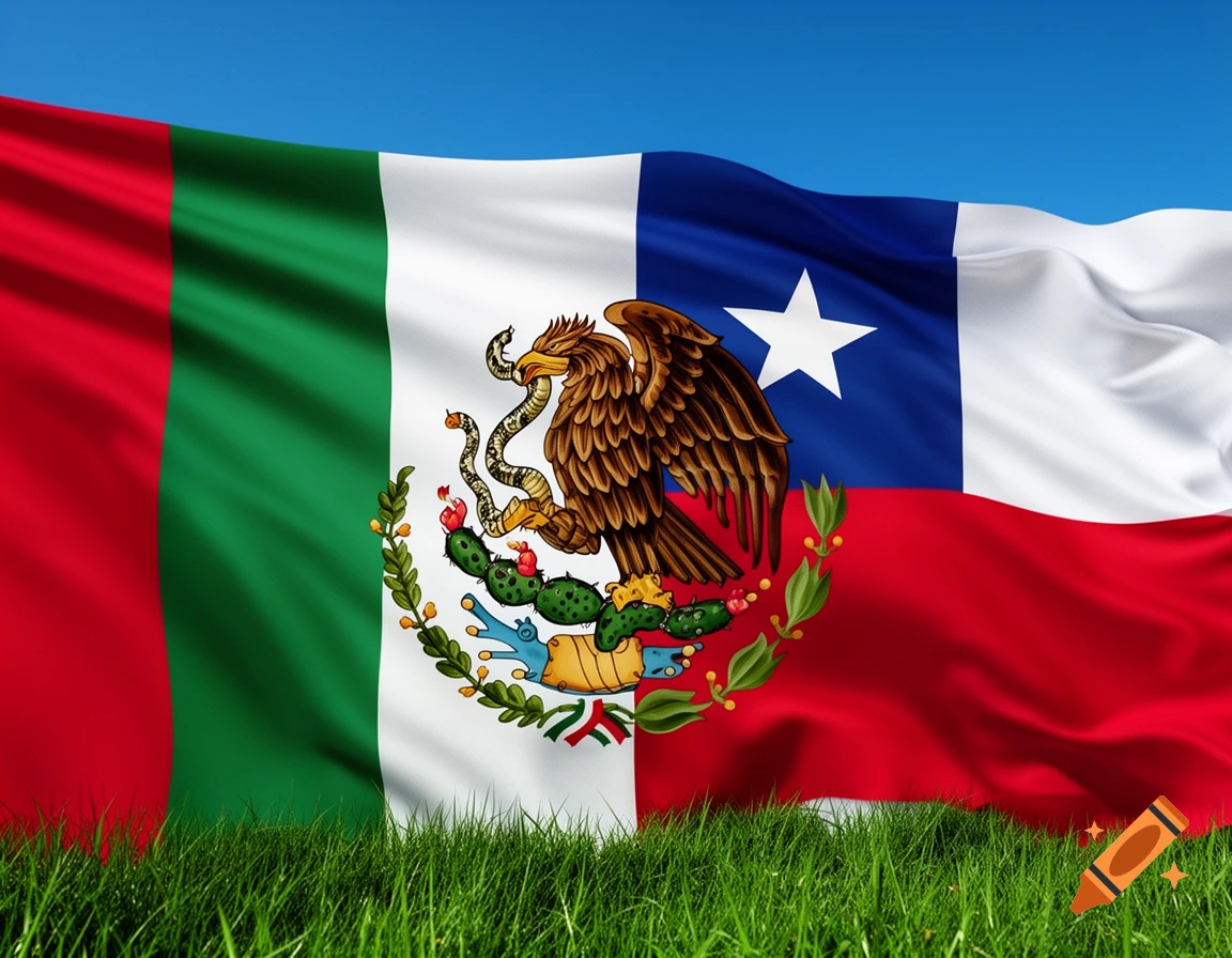 A combined Mexican and Chilean flag, featuring the Mexican eagle emblem and Chilean star, waves over green grass under a blue sky.