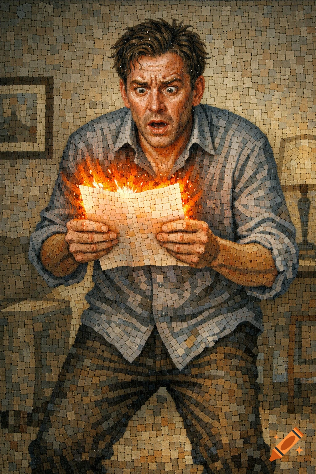 Mosaic art of a shocked man in a collared shirt watching a paper burn in his hands.