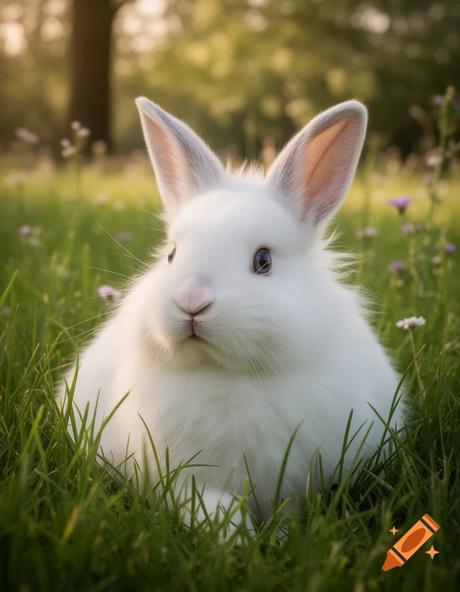 A fluffy white rabbit sits in lush green grass with blurred trees and small purple flowers in the background, photorealistic style.