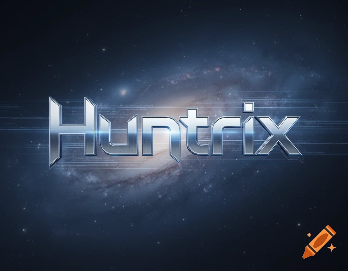 Metallic, futuristic 'Huntrix' logo against a vibrant galaxy background with stars.
