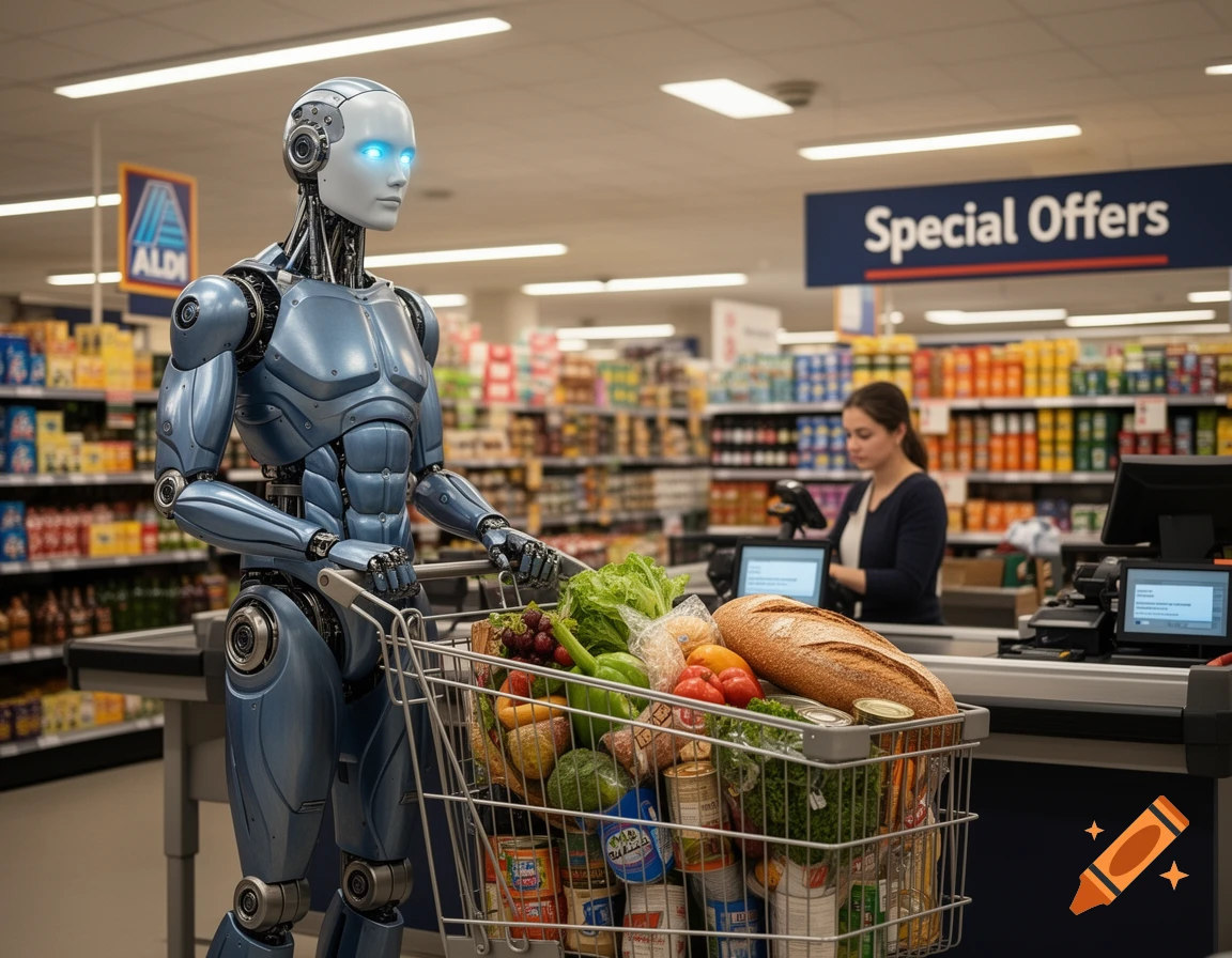 Photorealistic image of a humanoid robot pushing a shopping cart full of groceries in a supermarket checkout line, with a human cashier in the background.