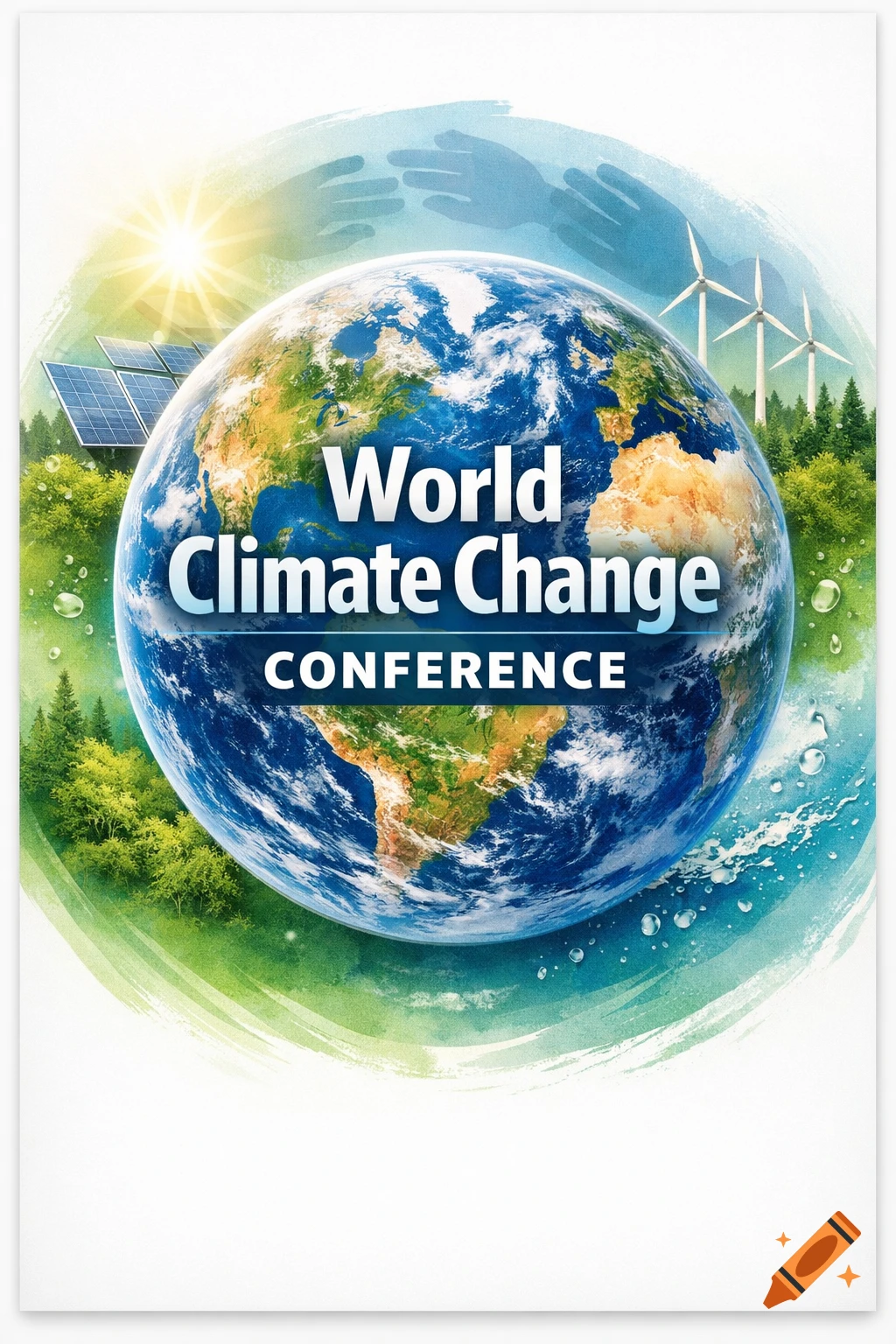An illustrative poster featuring planet Earth with "World Climate Change Conference" text, surrounded by solar panels, wind turbines, and greenery.