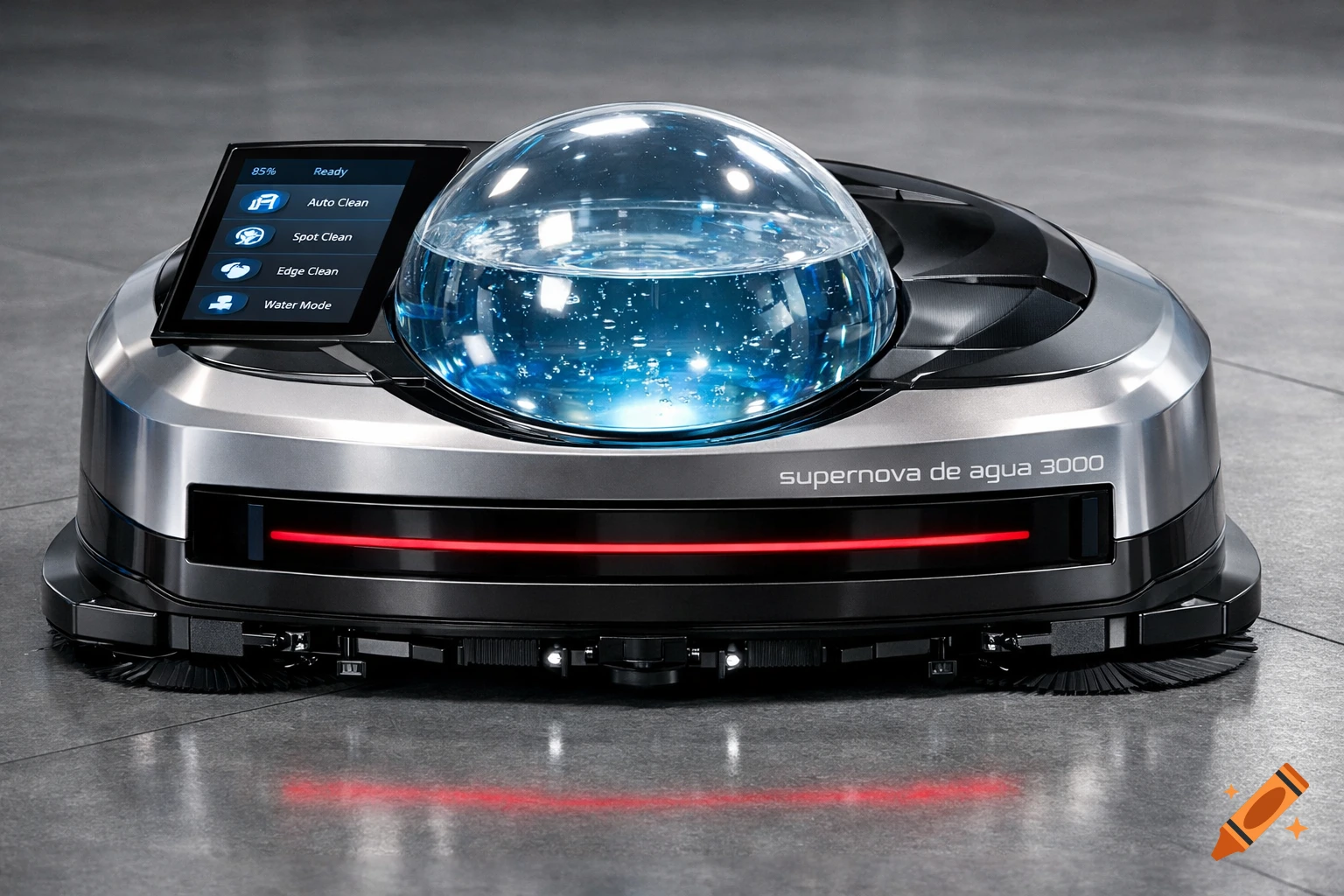 A sleek, photorealistic robotic floor cleaner with a glass sphere of water, a touchscreen menu, and a red light bar, on a grey floor.