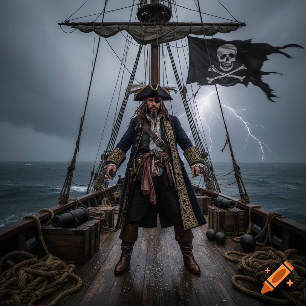 A photorealistic image of a pirate captain standing on the deck of a ship during a lightning storm, with a tattered Jolly Roger flag flying.