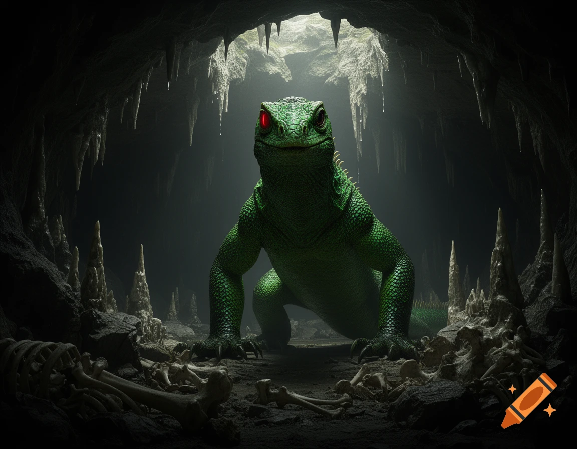 A large green lizard with glowing red eyes stands in a dark cave surrounded by stalactites, stalagmites, and skeletal remains.