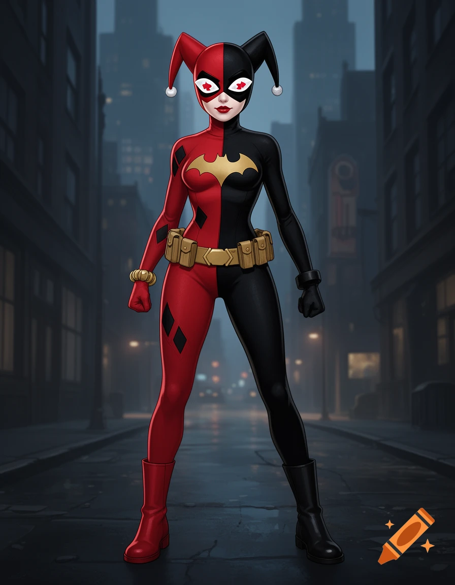 A female character in a red and black Harlequin-Batgirl fusion suit stands in a dark, wet city street.