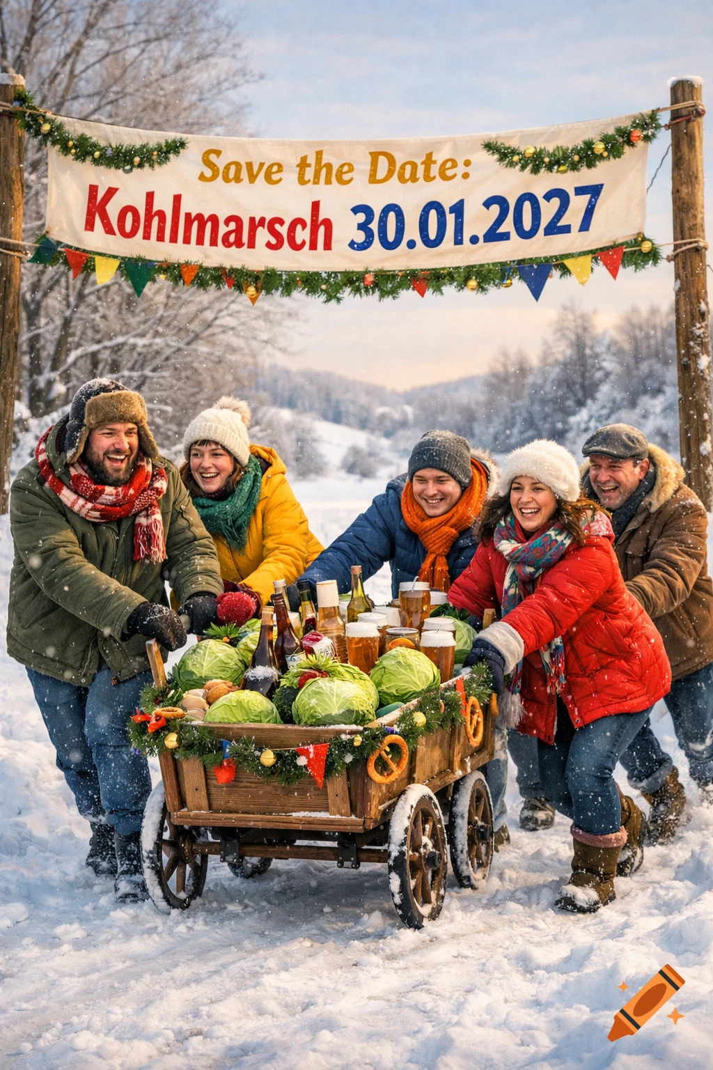 A group of cheerful people pulling a wooden wagon filled with cabbage and drinks through a snowy winter landscape, under a banner.