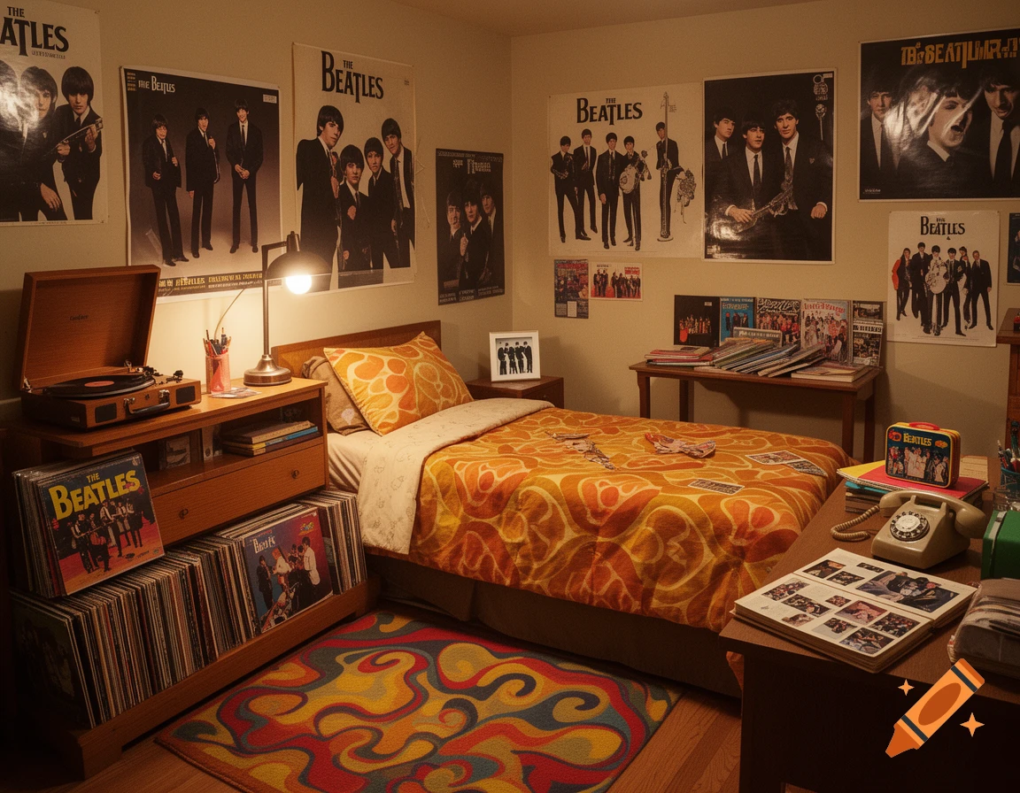 A 1960s-style bedroom filled with Beatles memorabilia, including posters, records, a turntable, and an orange patterned bedspread.