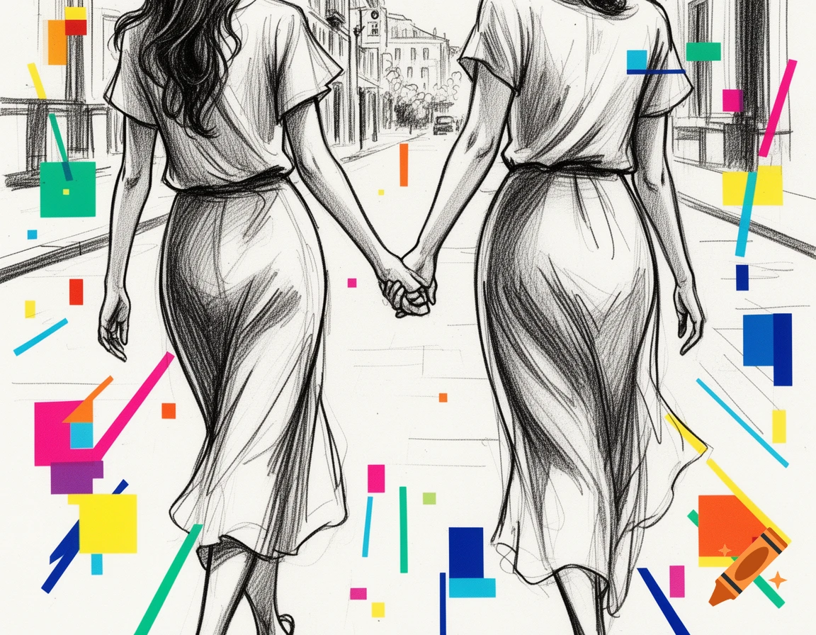 Two women holding hands, walking down a street in a black and white sketch with colorful geometric pop art elements.