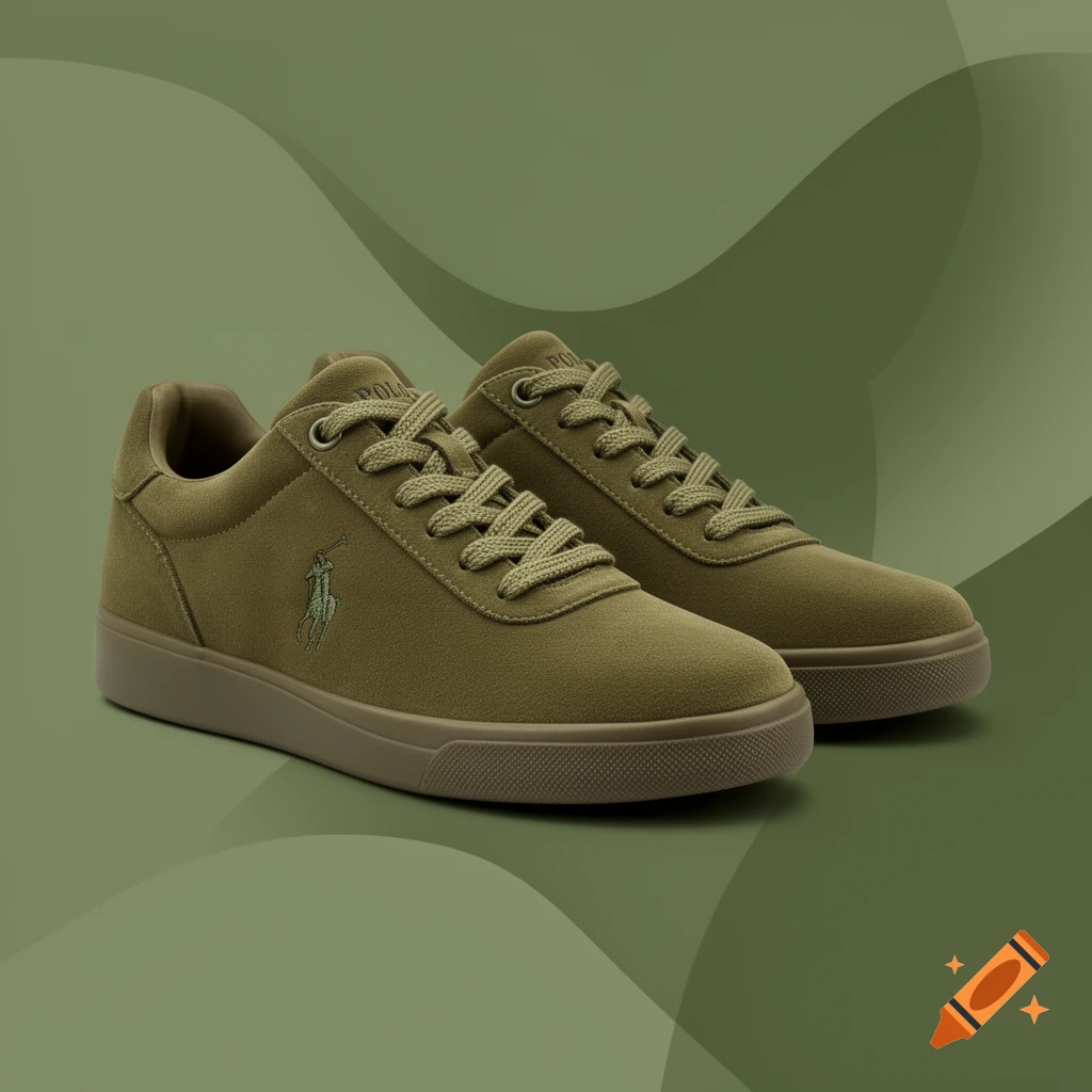 A pair of olive green Polo Ralph Lauren trainers with a polo player logo on a matching green abstract background.