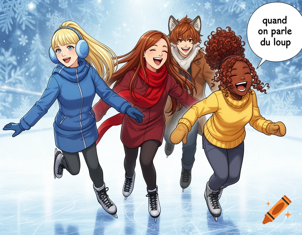 Anime-style friends ice skating, including a boy with wolf ears. A speech bubble reads 'quand on parle du loup'.