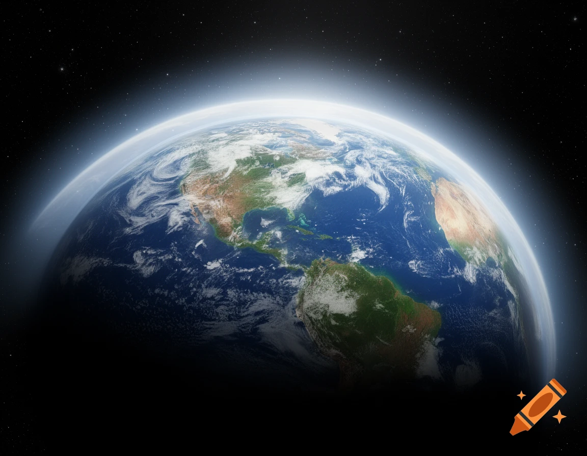 Photorealistic view of Earth from space, showing continents, clouds, and a glowing atmosphere against a starry background.