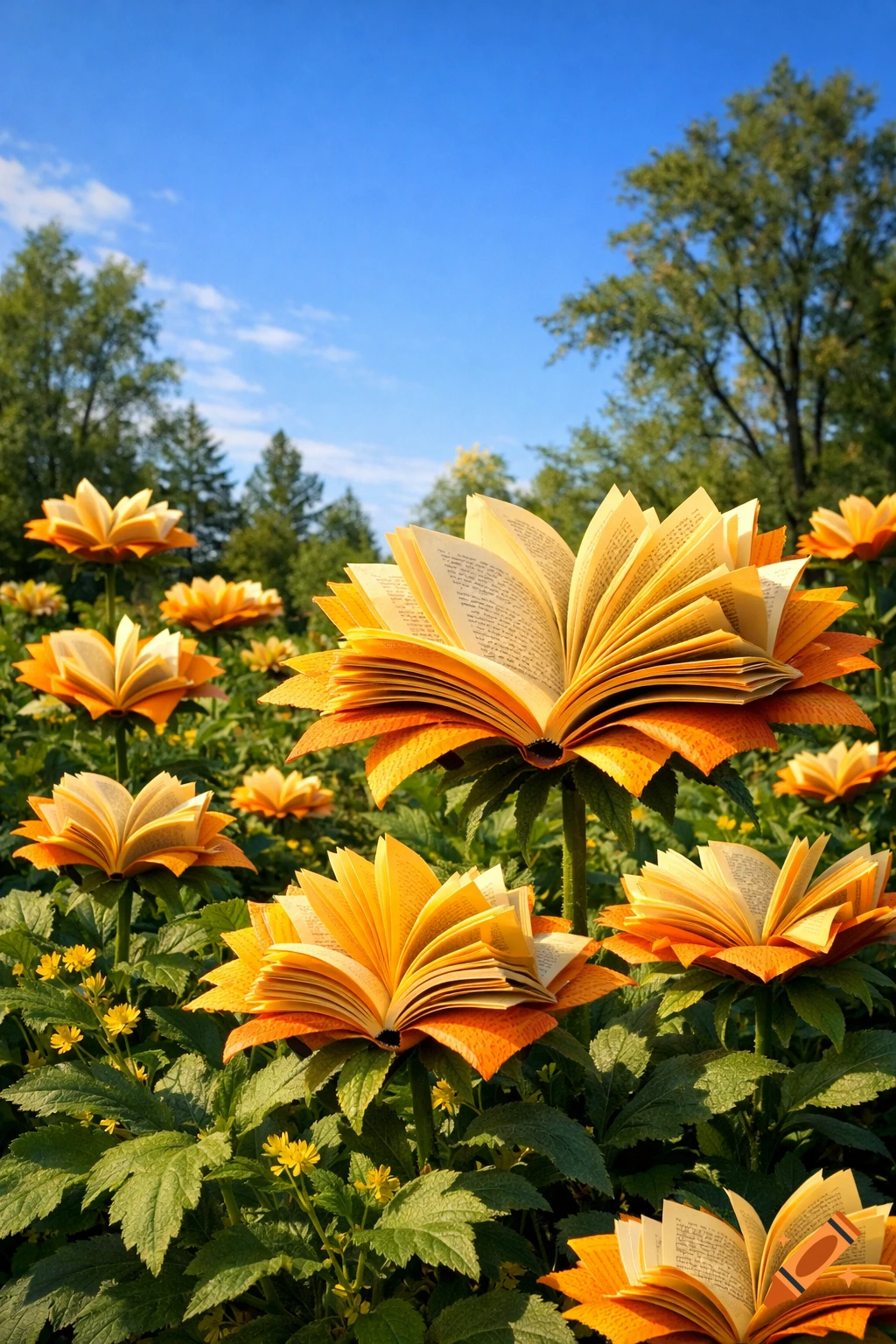 A surreal field of plants with flowers that are open books with orange-yellow pages under a blue sky.