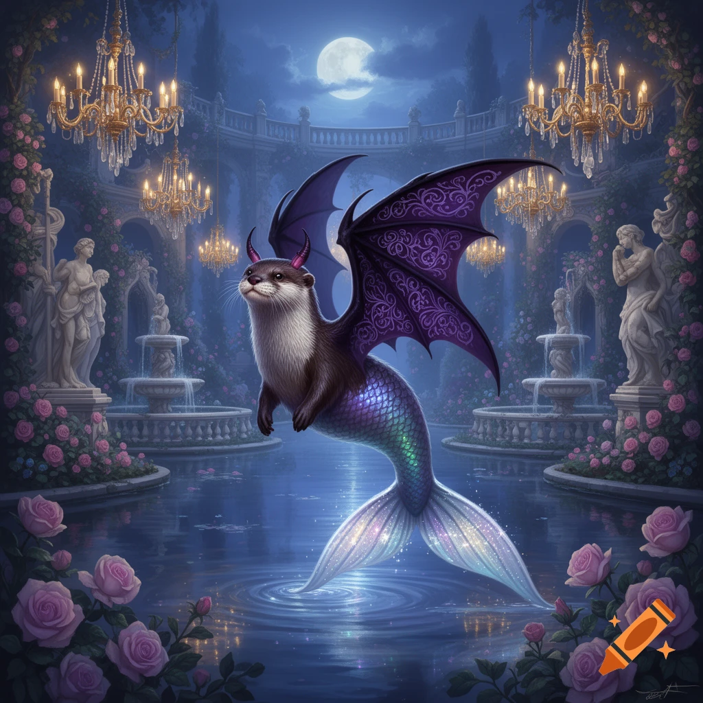 A fantastical otter-mermaid hybrid with purple devil wings floats in a moonlit baroque garden pond with fountains and roses.