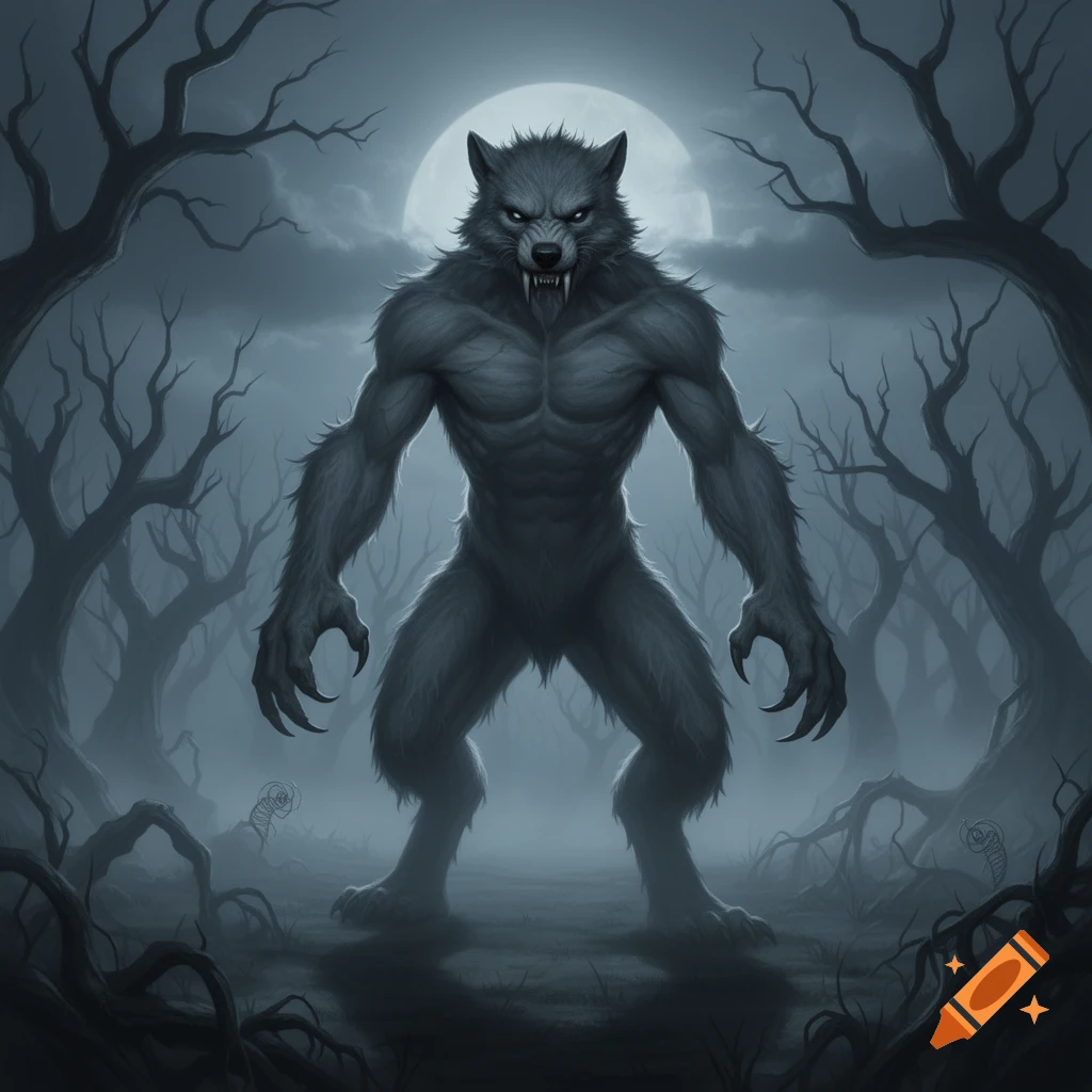 A muscular, snarling werewolf stands in a dark, foggy forest under a full moon, surrounded by bare trees. Digital art.