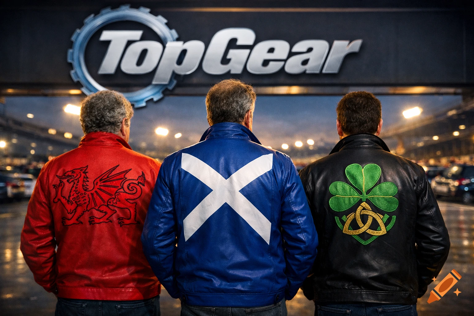 Three men, seen from behind, wear jackets with Welsh, Scottish, and Irish symbols under a 'TopGear' logo at night.