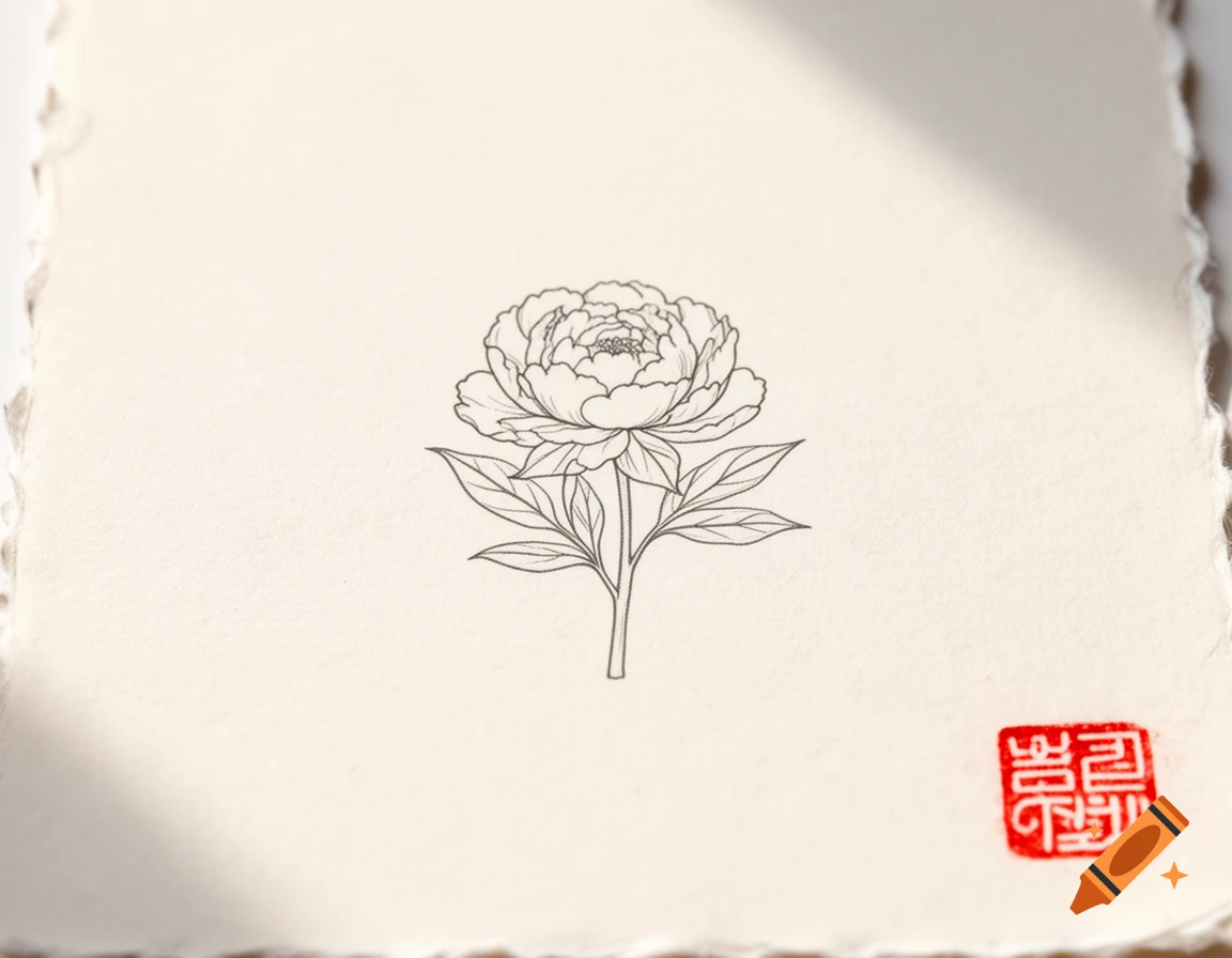 A minimalist black line drawing of a peony flower on textured off-white paper with deckled edges and a red traditional stamp.