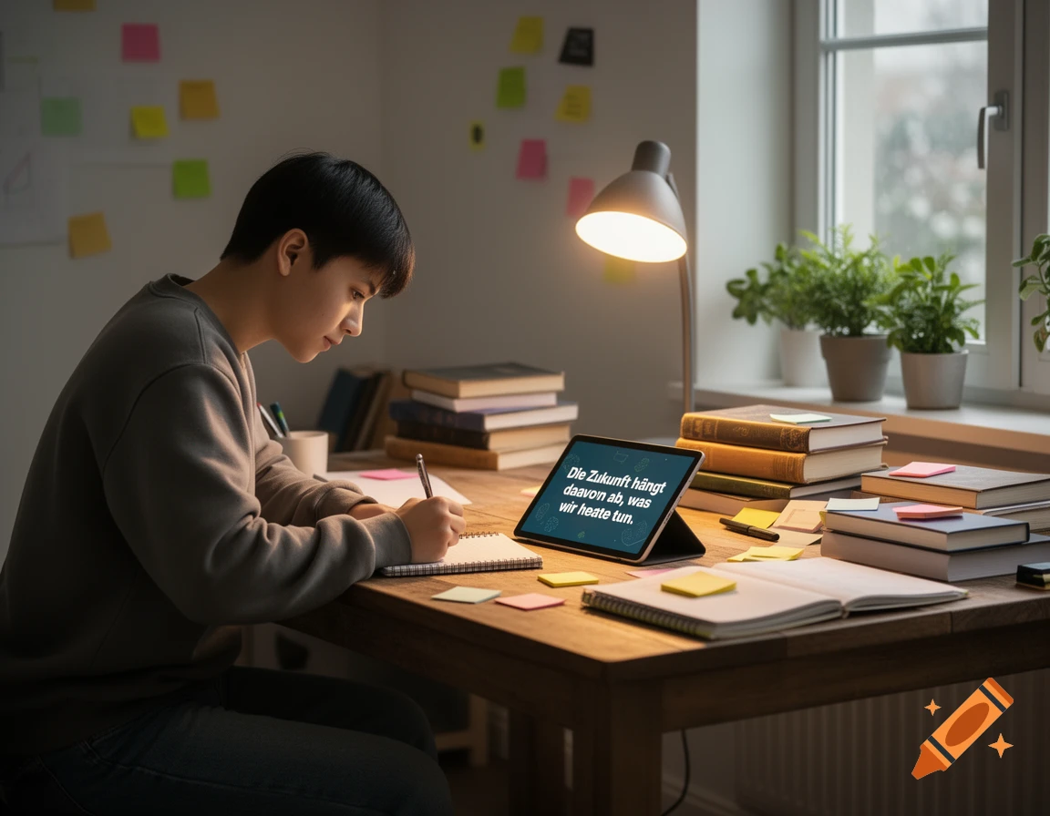 Young person studying at a desk with books, a lamp, and a tablet displaying a German motivational quote, photorealistic style.