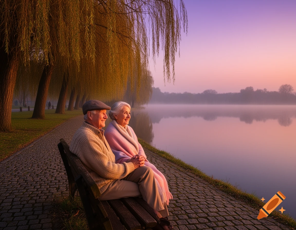 An elderly couple sits on a bench by a misty lake at sunrise, lined by weeping willow trees.