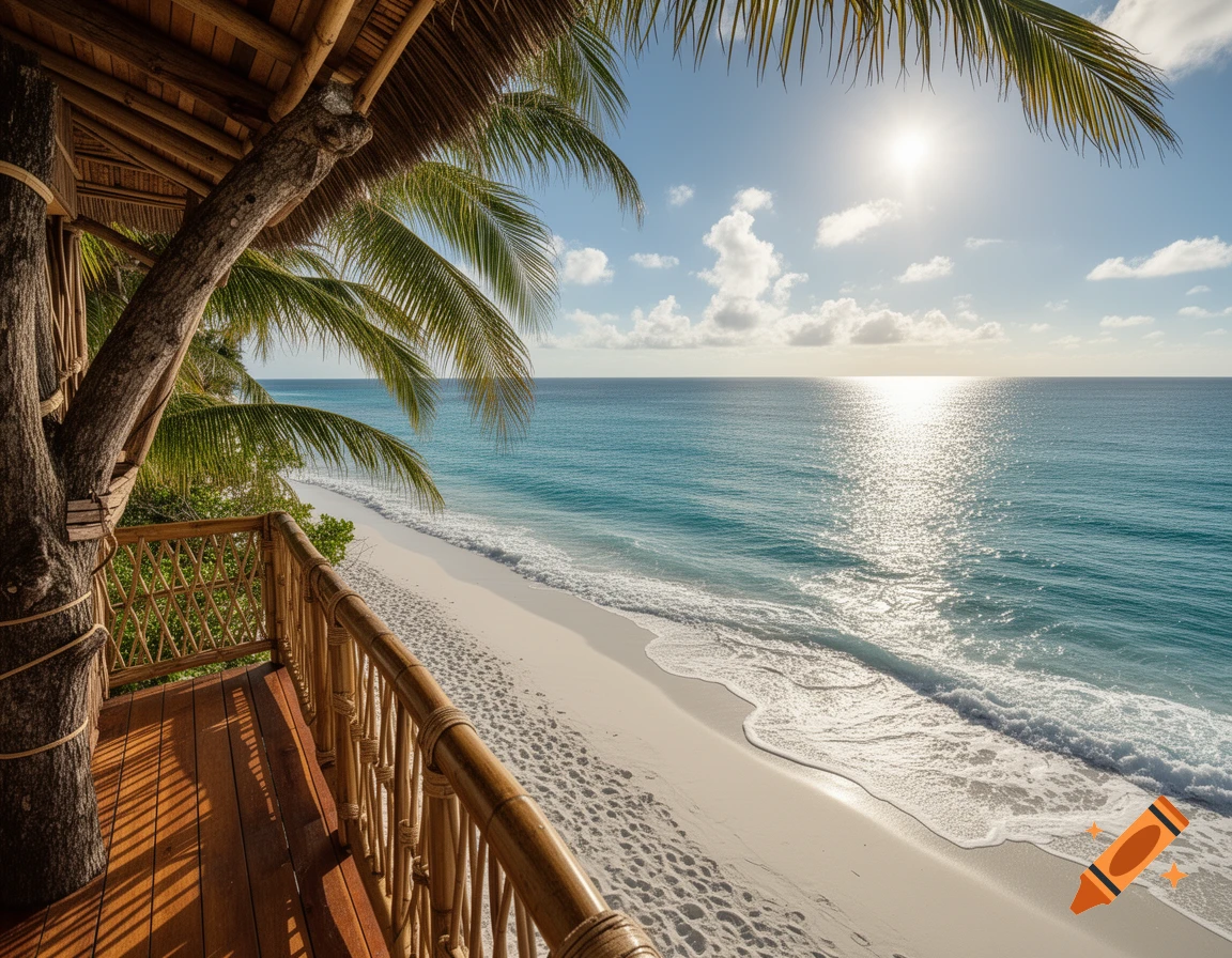 Photorealistic view from a rustic treehouse balcony overlooking a serene white sand beach and turquoise ocean under a bright sun.